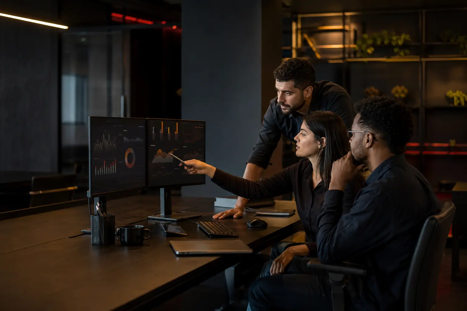 Equipe de marketing analisando estratégias e resultados em um escritório moderno